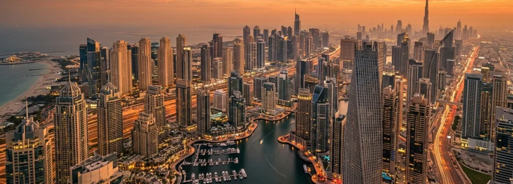 Relocating your business to the UAE — Dubai skyline at golden hour