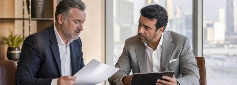 Advisor and client reviewing family office structuring documents in a Dubai office