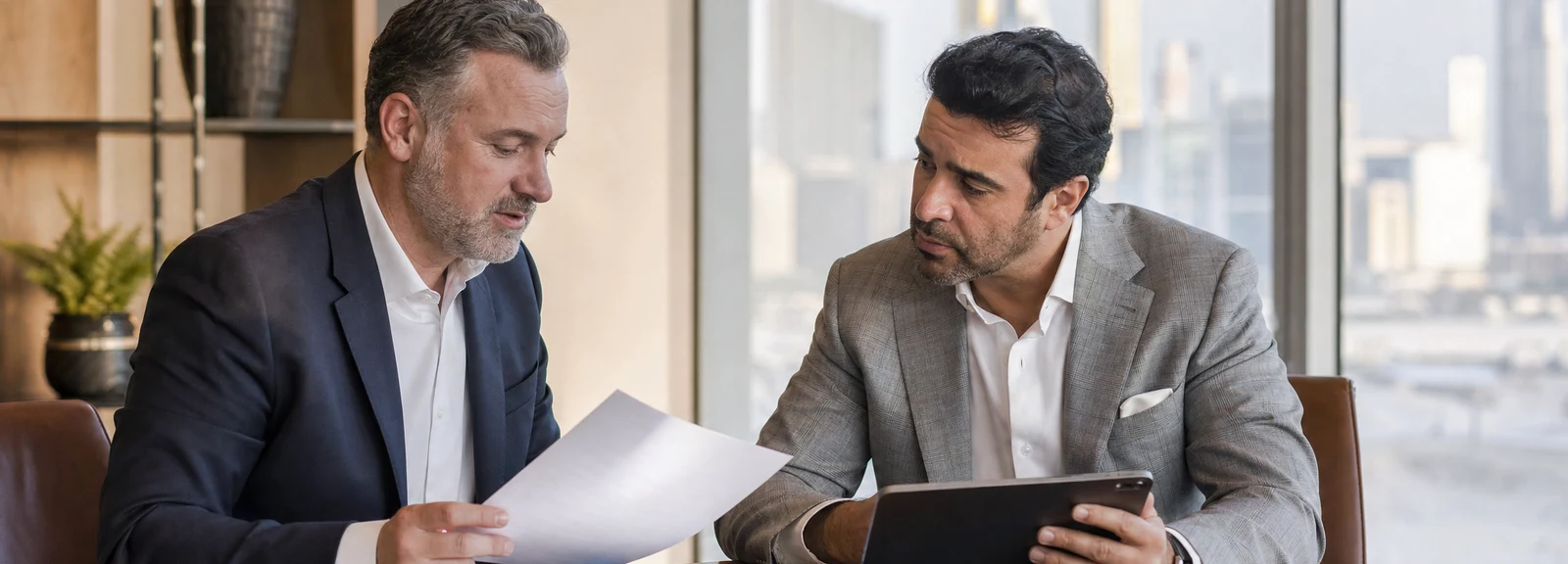 Advisor and client reviewing family office structuring documents in a Dubai office
