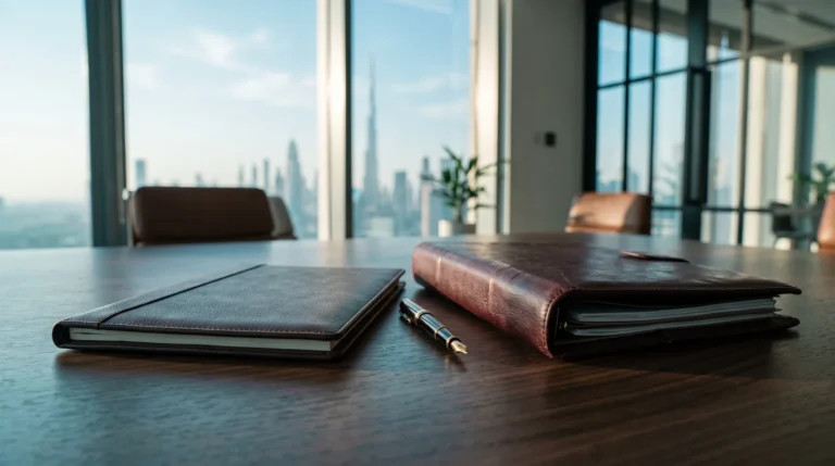 Two leather document portfolios of different thickness on a Dubai office desk, representing the choice between an LLC and a sole establishment