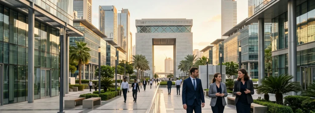 Dubai International Financial Centre business district at golden hour
