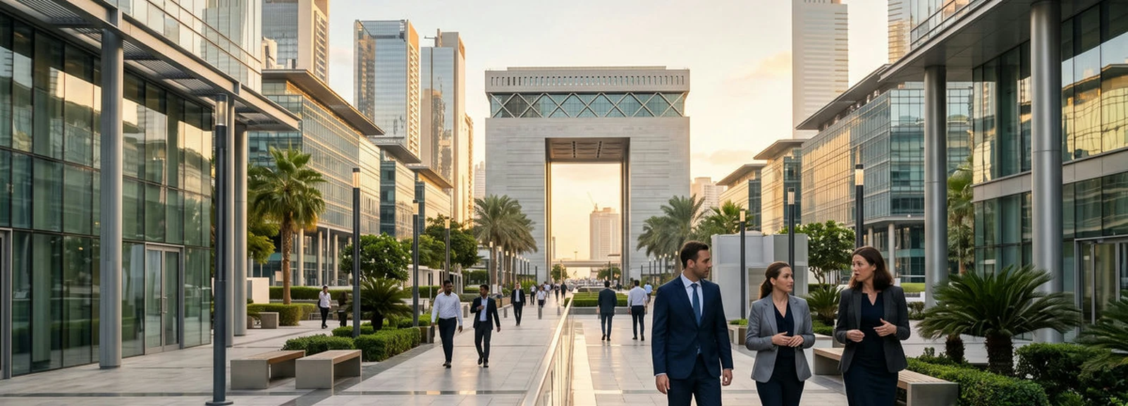 Dubai International Financial Centre business district at golden hour