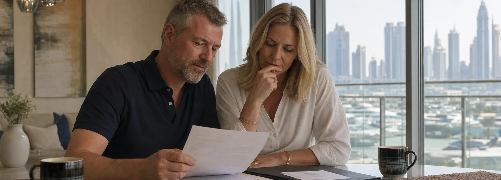 Couple reviewing succession planning documents at home with Dubai skyline view