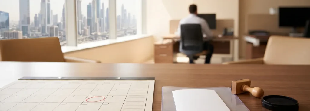 Desk calendar with one date ringed in red beside a trade licence in a document sleeve and a date stamp, UAE trade licence renewal deadline