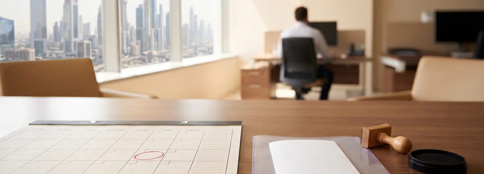 Desk calendar with one date ringed in red beside a trade licence in a document sleeve and a date stamp, UAE trade licence renewal deadline