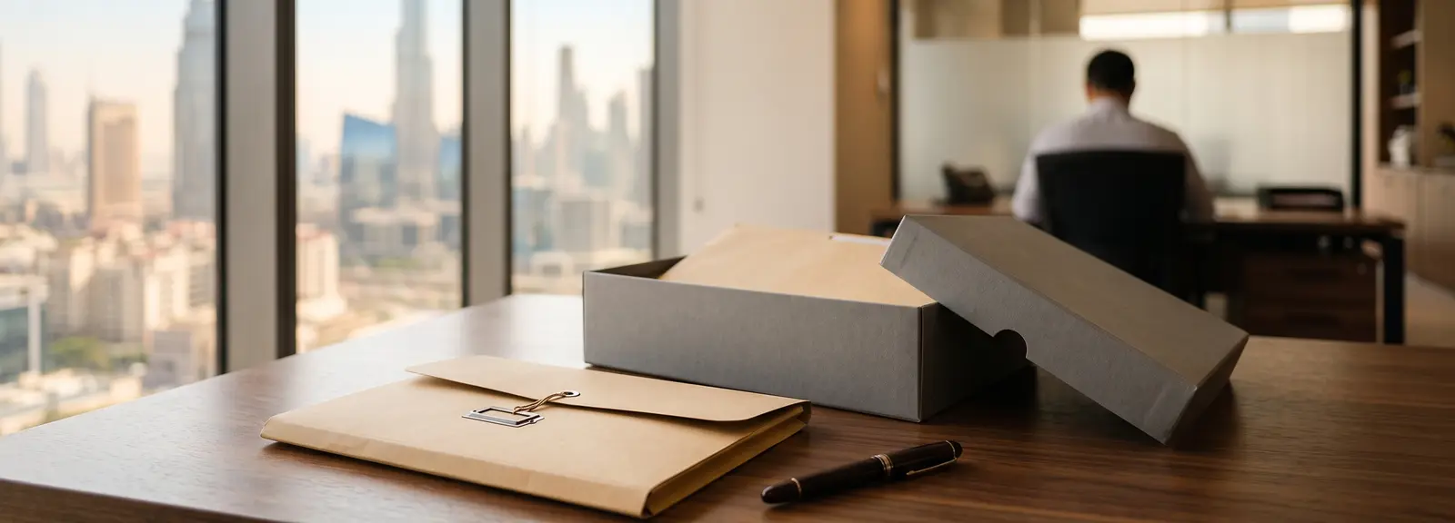 Document wallet tied shut beside an open archive box on an office desk, closing a UAE VAT registration
