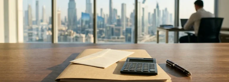 Closed personnel file with an envelope on top beside a calculator and pen on an office desk, calculating UAE end of service gratuity